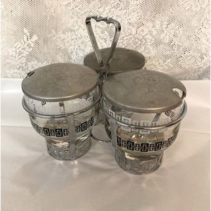 Vintage Mid-Century Modern Libbey glass condiment caddy with metal lids.